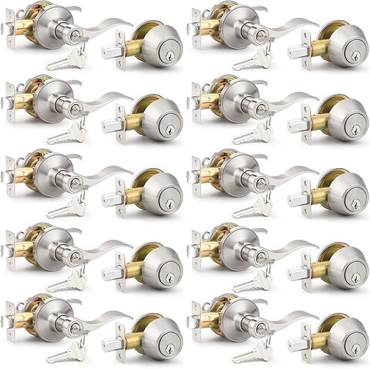 Probrico Exterior Door Lock Set with Deadbolt, Satin Nickel Front Door Handle Keyed Alike, Entry Door Lever Single Cylinder, 10 Sets