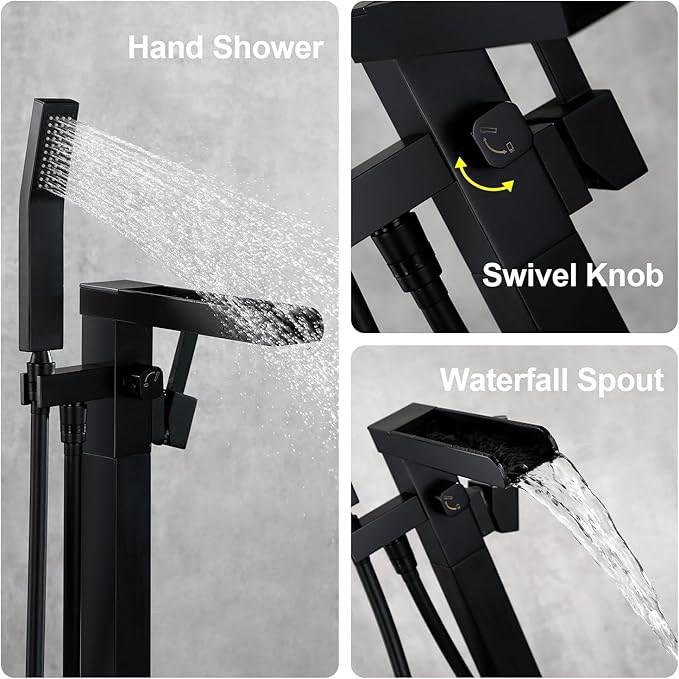 BAGNOLUX Solid Brass Floor Mount Bathtub Faucet Free Standing Tub Faucet Freestanding Tub Filler Black with Hand Shower High Flow Rate Swivel Spout Set, YGSLT-Waterfall Black