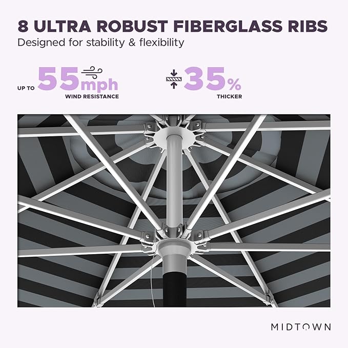 Midtown Umbrellas Push Pop Sunbrella Umbrella 9 Feet Outdoor Umbrella in Black & White Acrylic - Patio Umbrella, Backyard Umbrella, Garden Umbrella, Picnic Table Umbrella & Pool Umbrella - Black Pole