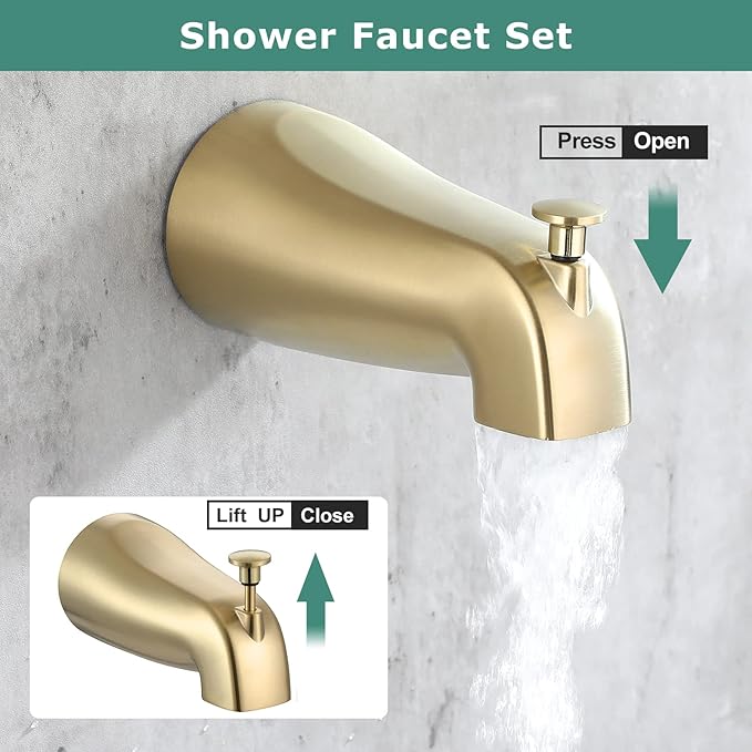 PARLOS Shower System, Brushed Gold Shower Faucet Set with Tub Spout(Valve Included), 5-Setting Mode Shower Head and Tub Spout with Diverter, Multi-Function Wall Mounted Shower Bathtub Combo, 1436908