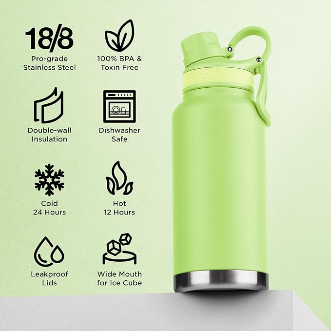 ThermoProof Double-Walled Vacuum Insulated Stainless Steel Water Bottle - Wide Mouth Canteen with Spout & Straw Lids, Dishwasher Safe, Reusable, Leakproof, BPA-Free - 32oz, Fresh Mint