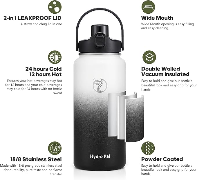 Half Gallon Insulated Water Bottle with 2-in-1 Lid (Chug Lid/Straw Lid), 40/64oz Double Walled Vacuum Stainless Steel Water Bottles, Water Jug with Straw