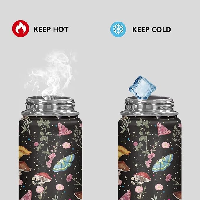 Wild Mushoom Water Bottle 20 Oz for Women Insulated Water Bottles with Handle Flask Wide Mouth Bottle Vacuum Stainless Steel Metal Water Bottle