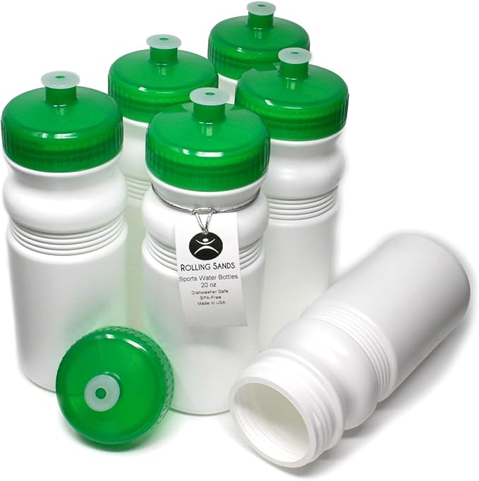 Rolling Sands 20 Ounce Sports Water Bottles 6 Pack, BPA-Free, Made In USA, Dishwasher Safe, White Bottles/Green Lids