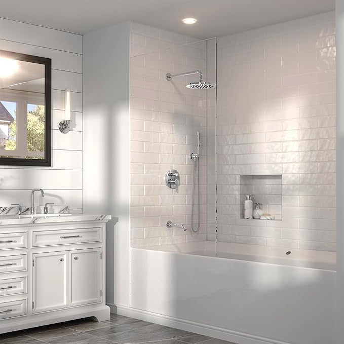 Lava Odoro Modern 3-Setting Round Rain Bathtub and Shower Faucet Set, Chrome Rainfall Shower Head and Handle Set, Rain Shower System with Tub Spout, Shower Valve Trim Kit, Chrome, SF104-C-T