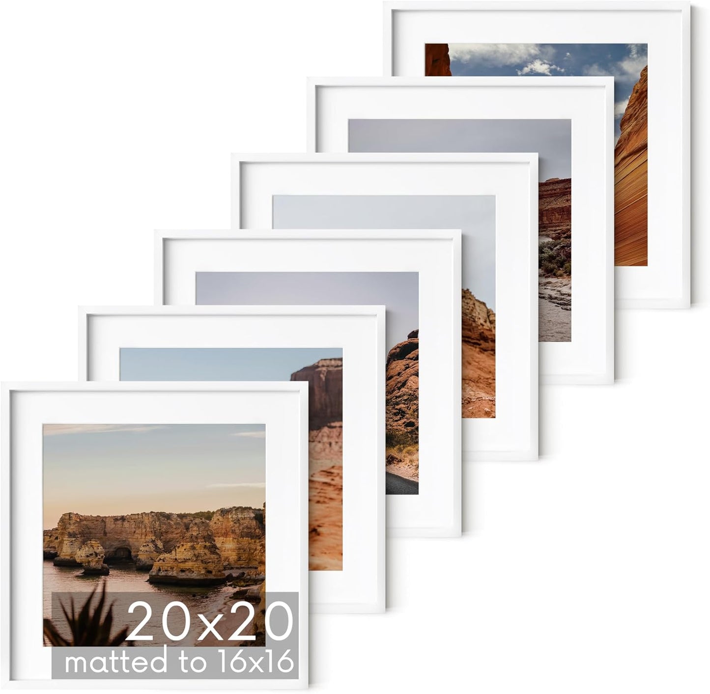 HAUS AND HUES 20x20 White Metal Picture Frames Matted to 16x16 - Features Premium Aluminum & Hanging Hardware, Shatterproof Plexiglass - Ideal for Home, Room, Office (20x20 in, White, Set of 6)