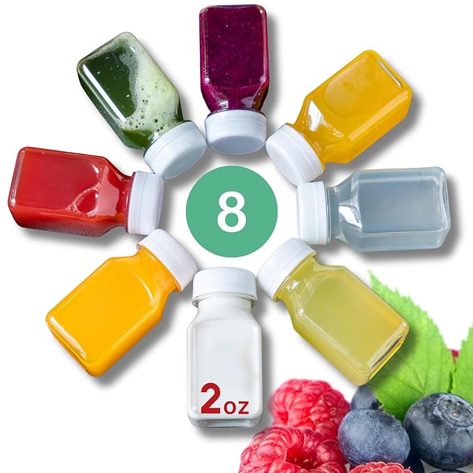 Norcalway 8pcs 2oz Small Plastic Bottles for Liquids - Ginger Shot Lids, Wellness Juice Freezer Safe, Leak Proof, Food Grade Bottles