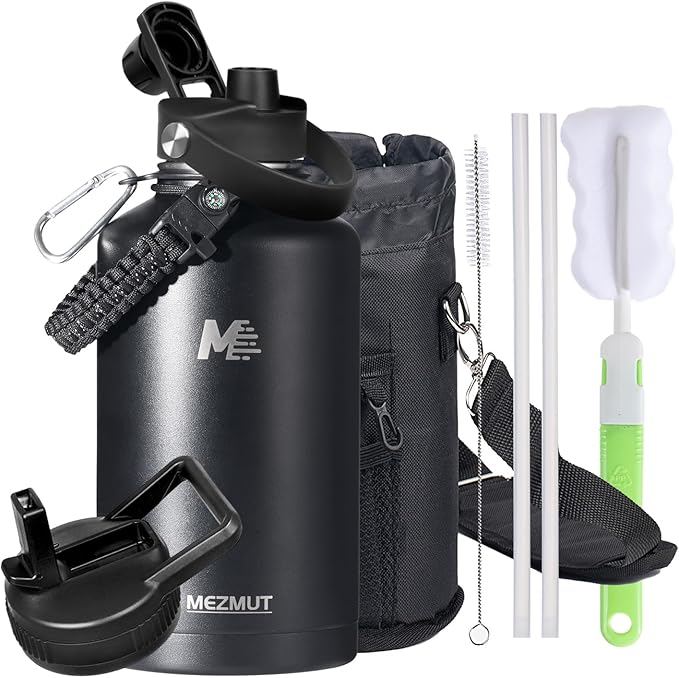 Insulated Water Bottle 64oz with Straw & Spout Lids,Half Gallon Stainless Steel Water Flask Jug with Paracord Handle,Double-wall Insulated Metal Water Bottle for Sports Camping Hiking Trip