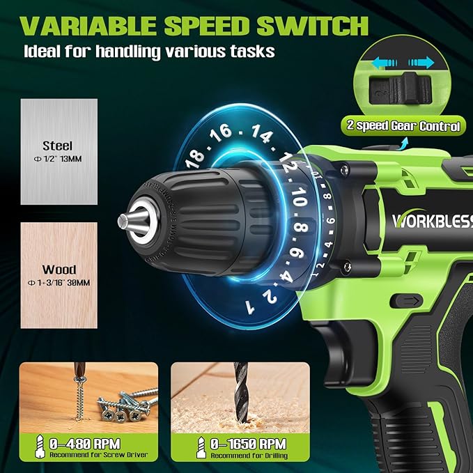 WORKBLESS 21V Power Drill Set, Cordless Drill with 2 Batteries and Charger, 3/8'' Keyless Chuck, Variable Speed, 18+1 Torque Setting and 28pcs Bits Tool Set(Green)