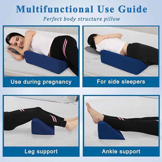 Bed Wedge Pillow for Side Sleeping Sponge Filled Body Positioning Triangle Pillow Suitable for Pregnancy and Surgery Prevent Bed Sore for Leg and Back Support with Pillow Case (Dark Blue)