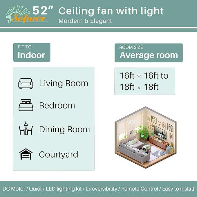 Sofucor 52 inch Ceiling Fan with Lights and Remote Control, Flush Mount Wood Ceiling Fan with Quiet Energy Saving DC Motor, for Living Room, Bedroom and Covered Outdoor