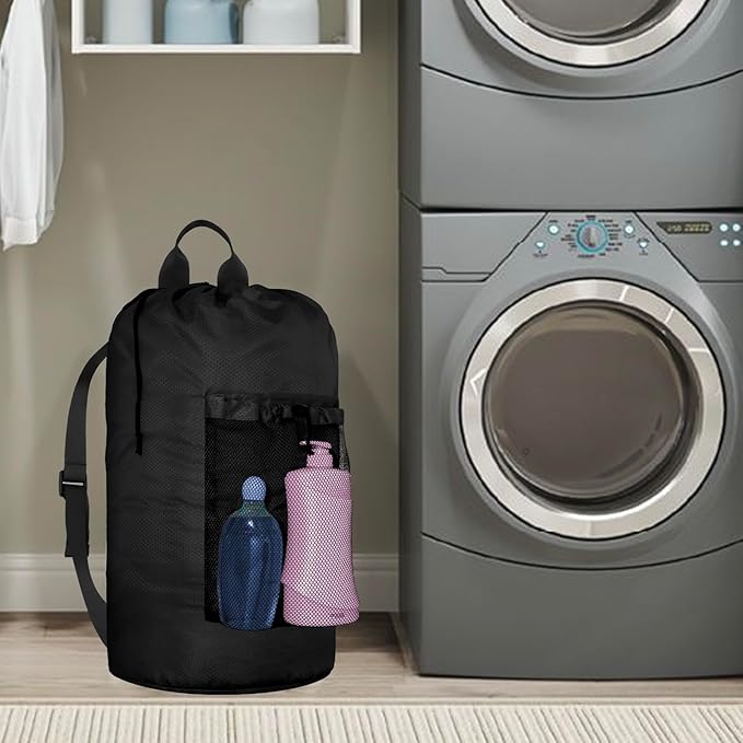 Laundry Bag Backpack Large Travel Laundry Bag with Adjustable Shoulder Straps Portable Laundry Hamper for College, Dorm, Apartment Camp(Black)