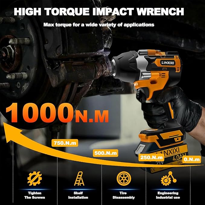 1/2 Cordless Impact Wrench, 1/2 Inch Impact Drive with Brushless Motor, 1000N.m(740Ft-Lbs), 3300PRM, Electric Impact Wrenches with Battery and Charger, 6 Sockets