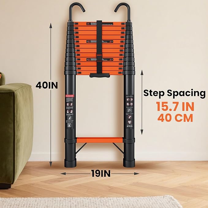 16.5 FT Telescoping Ladder with Hooks, Aluminum Extension Ladder, 330 lbs Load Capacity, Multi-Purpose Collapsible Ladder for Home and Work; Orange