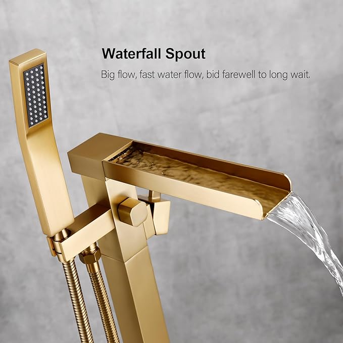 BAGNOLUX Solid Brass Floor Mount Bathtub Faucet Free Standing Tub Faucet Freestanding Tub Filler Brushed Brass High Flow Rate Swivel Spout with Hand Shower, YGSLT-Waterfall Brushed Gold