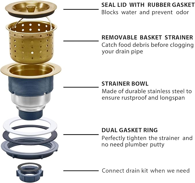 KONE 3-1/2 Inch Brass Sink Drain, Durable Stainless Steel Brass Kitchen Sink Drain Assembly Kit with Sink Strainer Waste Basket/Strainer Assembly/Sealing Lid for Standard Kitchen Sink