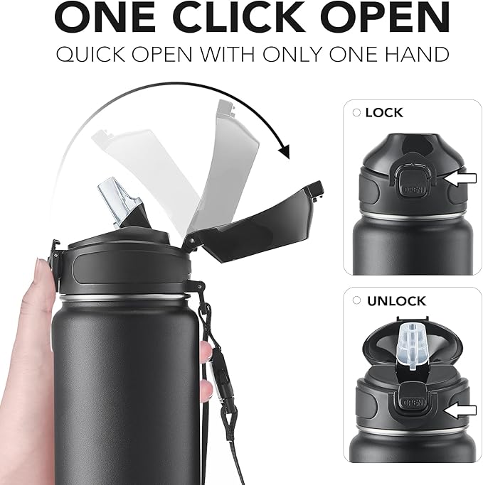 Enerbone Insulated Water Bottle, 32 oz Stainless Steel Water Bottles with Carrying Strap, Double-Wall Vacuum Insulation Thermos, Leakproof Sports Bottle with Straw, Keep Drinks Hot or Cold for Hours