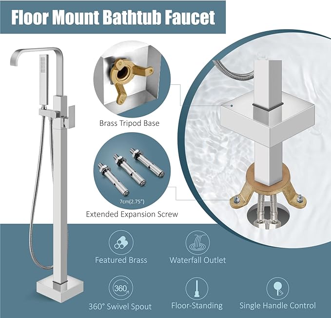 Aolemi Freestanding Bathtub Faucet Polish Chrome Floor Mount Tub Filler Brass Tap Single Handle with Hand Sprayer