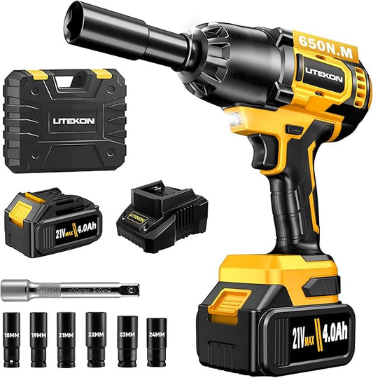 Cordless Impact Wrench 1/2 Inch, 480Ft-lbs (650N.m) Brushless High Power Impact Wrench Tool with 4000mAh Battery, 2500RPM High Torque Impact Gun, 7 Sockets for Home Car/Truck RV/Mower -2025 Upgraded