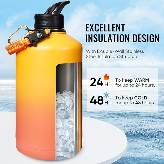 Gallon Water Bottle with Straw&Spout Lid, 128oz Stainless Steel Water Jug with Handle and Wide Mouth, One Gallon Vacuum Double Walled Jug for Sports, Outdoors. Yellow&Orange 128oz