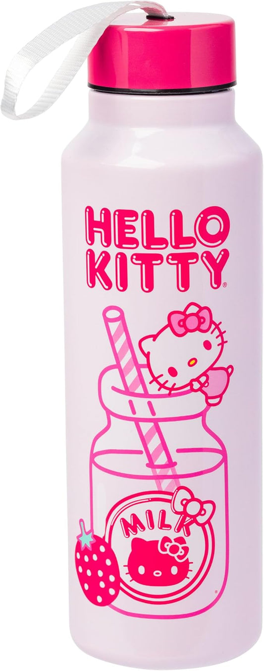 Silver Buffalo Hello Kitty Kawaii Strawberry Milk Pink Stainless Steel Water Bottle with Strap, 27 Ounces