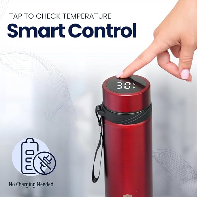 Stainless Steel Thermal Bottle, 600 mL, Digital Temperature Display, 4 Colors (Red)
