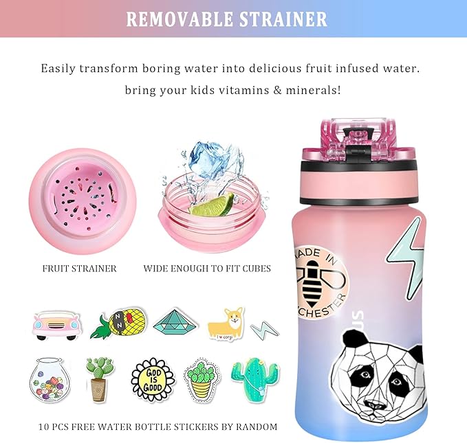 GOPPUS Kids Water Bottle with Straw Spout Lid 10pcs Stickers 12 oz Leak-proof BPA Free Motivational Time Marker Tritan Plastic Water Bottles for Girls Boys School Sports