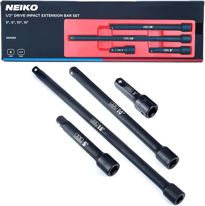 NEIKO 00248A 1/2-Inch-Drive Impact Extension-Bar Set, Impact Socket Extension Made with CrV Steel, 1/2 Impact Extension Set Includes 3-Inch, 5-Inch, 10-inch, 15-inch