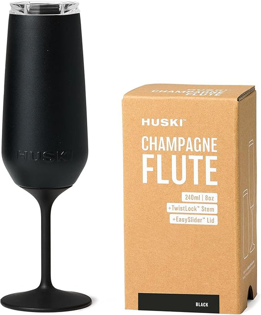 Huski Champagne Flute | NEW | Premium Stainless Steel Champagne Glass with Lid | Go Stemmed or Stemless with Detachable Stem | Triple Insulated Tumbler | 8oz Capacity | Great Gift (Black)