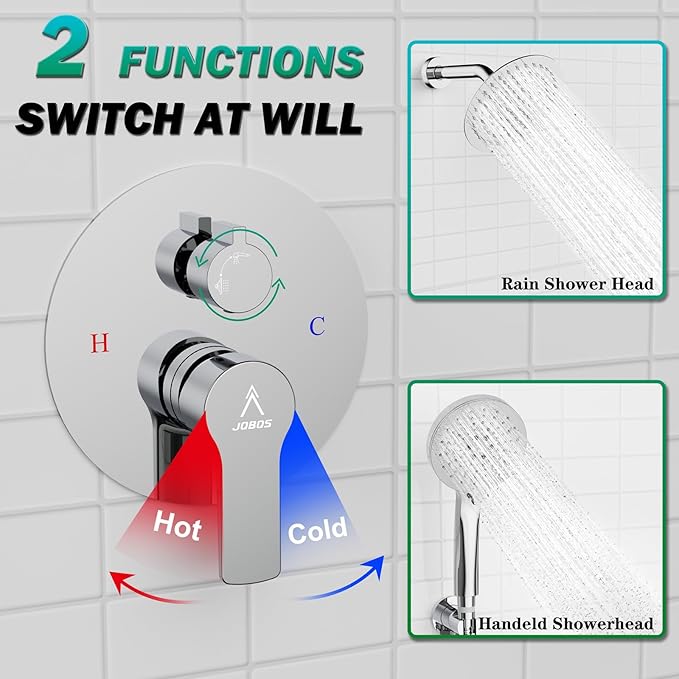 Shower Faucet Set 8IN Brass Rough-In Valve Body Trim Kit Rainfall Included Handle Accessories Complete 2 Functions with Rain Head and Handheld Bathroom Systems (8‘’, Chrome Polished)