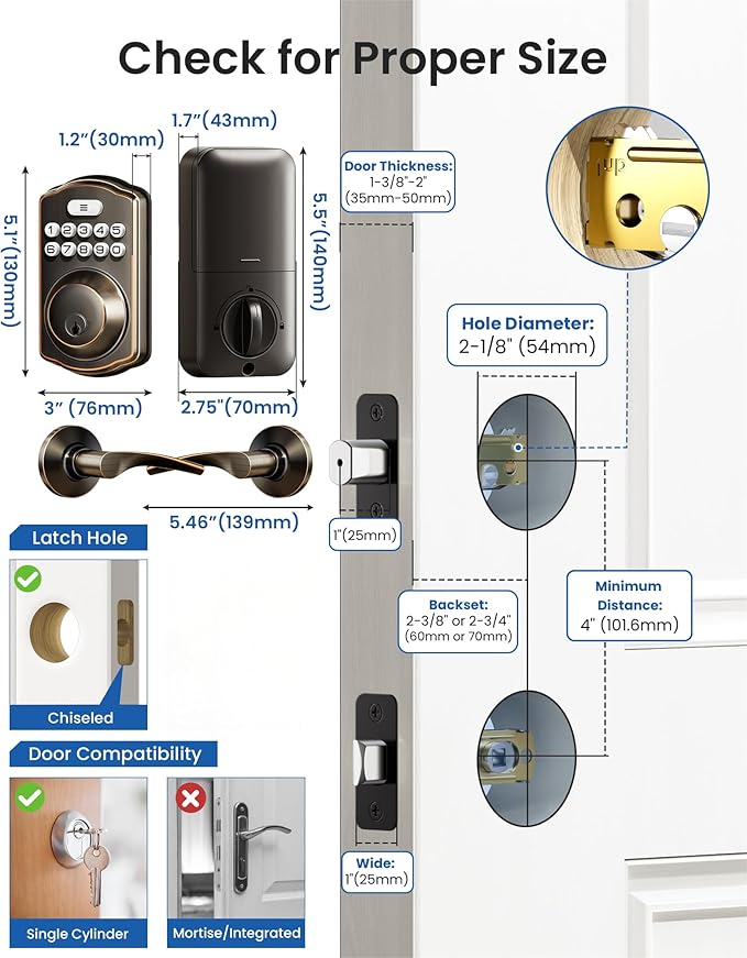 Veise Keyless Entry Door Lock with 2 Lever Handles - Electronic Keypad Deadbolt, Easy Installation Digital Smart Front Door Lock Set, Oil Rubbed Bronze