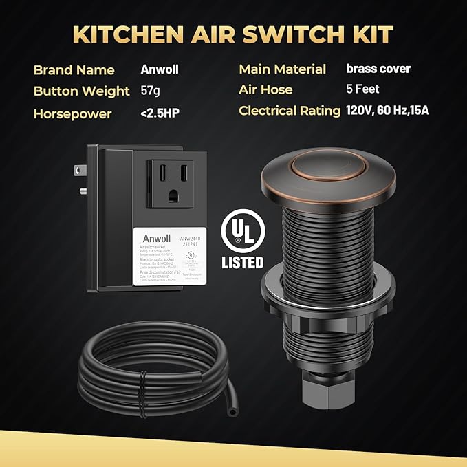 Garbage Disposal Air Switch Kit - Professional, UL Listed Wireless Sink Top Garbage Disposal Button, Stainless Steel/Black On/Off, Compatible with all garbage disposals