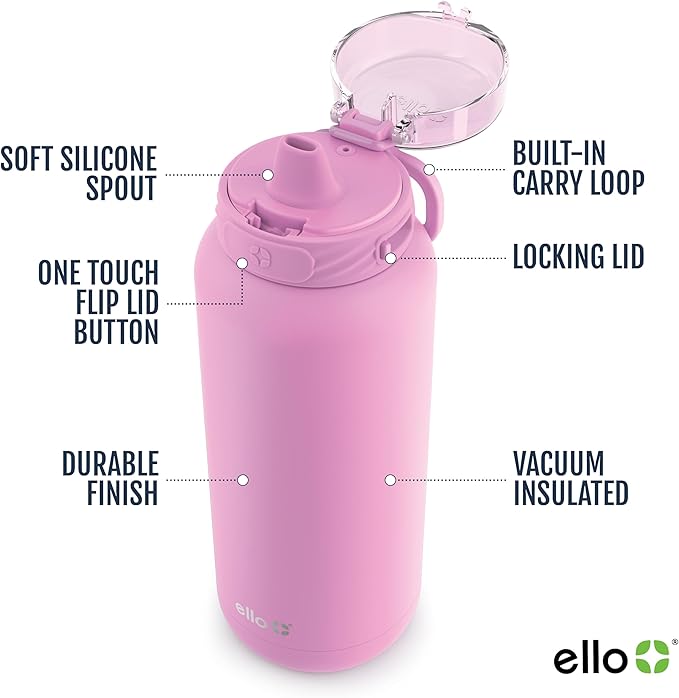Ello Cooper 22oz Stainless Steel Water Bottle with Straw and Carry Handle, Double Walled and Vacuum Insulated Metal, Leak Proof Locking Lid with Soft Silicone Spout, Reusable, BPA Free, Bubblegum