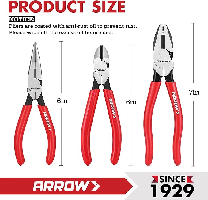 ARROW 3PCS Pliers Set, 6" Needle Nose Pliers, 6" Diagonal Plier, 7" Linesman with Non-slip Handle, Premium Carbon Steel, High Leverage Design