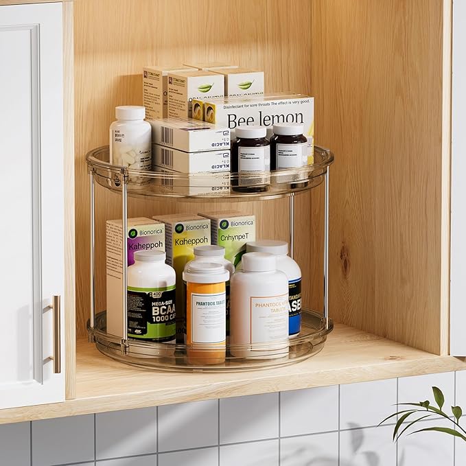 LAMU 2 Pack 2 Tier Lazy Susan Turntable Organizer 10.6'' Rotating Spice Rack Organization for Cabinet, Kitchen, Pantry, Countertop, Bathroom, Vanity, Medicine Cabinet Organizer, Amber