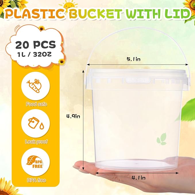 PerKoop 20 Pcs 32 oz Ice Cream Buckets with Lids and Handles Clear Cocktail Rum Buckets for Drinks with 200 Sunflower Stickers Plastic Transparent Tub Reusable Food Storage Containers for Parties