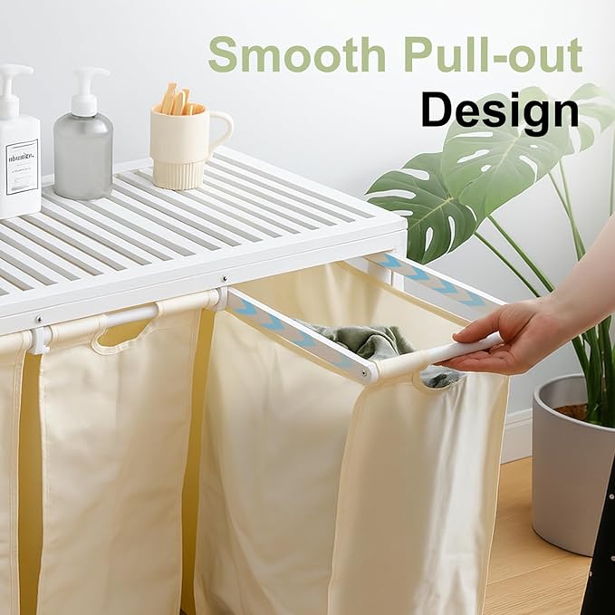 Bamboo Laundry Hamper 3 Section with Lid, 150 L Laundry Sorter with Pull-Out Removable Washable Bags, 3 × 12.5 Gal Divided Laundry Baskets for Laundry Room, Bathroom (White)