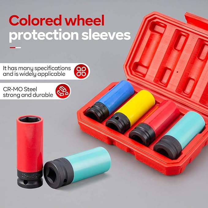 4 PCS 1/2 inch Drive Impact Lug Nut Socket, Metric 17 19 21 22 MM Thin Wall Deep Socket Set,Non-Marring Wheel Protectors Impact Socket,6 Point Axle Nut Socket Set