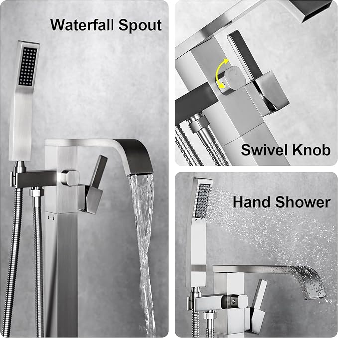 BAGNOLUX Solid Brass Floor Mount Bathtub Faucet Free Standing Tub Faucet Freestanding Tub Filler Brushed Nickel High Flow Rate Swivel Spout with Hand Shower, ‎YGSLT-FANG-BRUSHED NICKEL