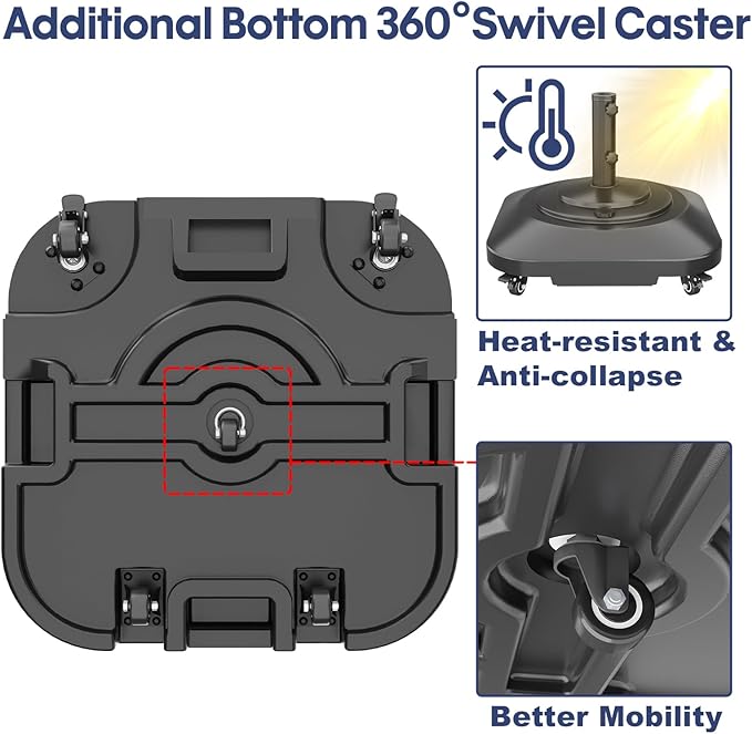 🥇 Patio Umbrella Base Heavy Duty with Wheels, Max 100lb Fillable Umbrella Stand Mobile Square Market Stand, Windproof Outdoor Umbrella Holder for Deck, Poolside, Lawn, Fits Muti Sized Umbrellas