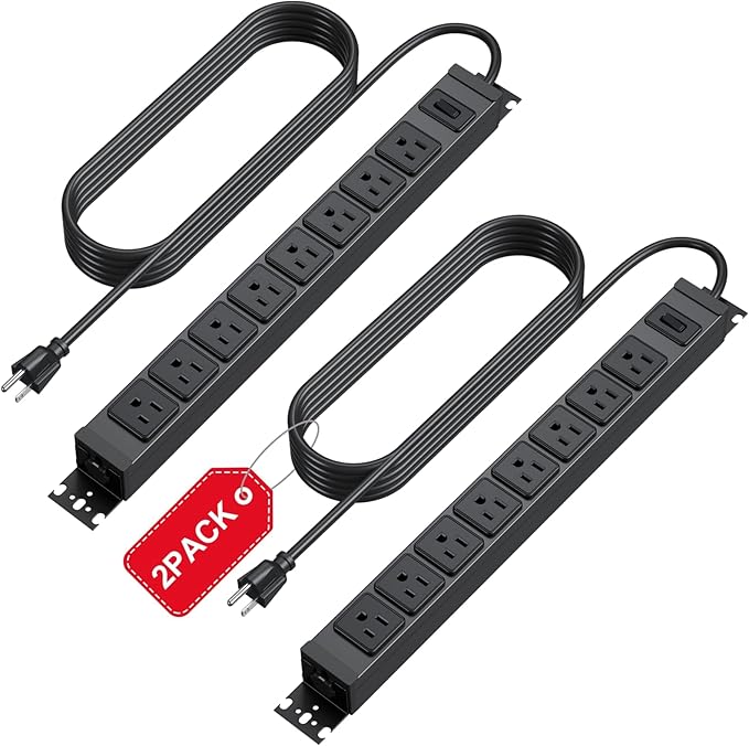 HHSOET 2 Pack Metal 360° Rotating Mountable Power Strip, 8 Outlet Gaming Table Mounted Outlet Strip, Heavy Duty Wall Mount Surge Protector with Switch, 15A 125V 1875W, 15ft Power Cord.(Black)