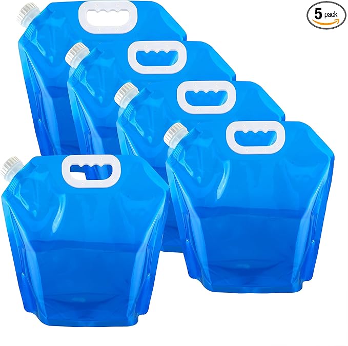 5 Pcs Collapsible Water Bottles Container Bag, 1.3 Gallon No-Leak Freezable Water Storage Bag, BPA Free Food Grade Plastic Storage Water Jug for Outdoors Camping Hiking Backpack Emergency