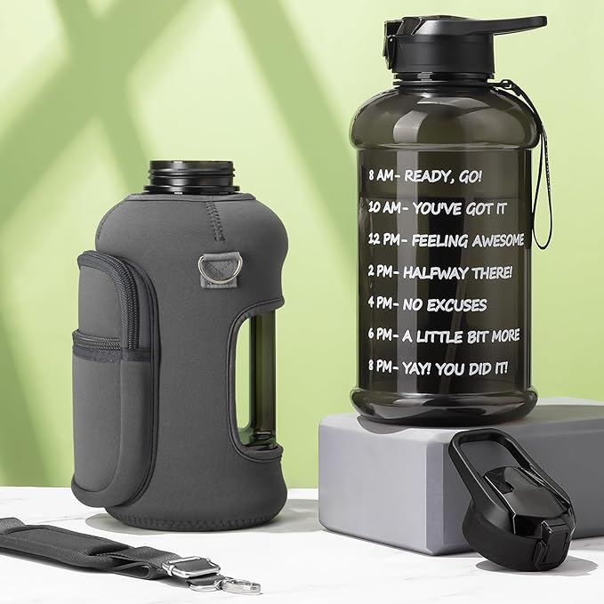 Fimibuke Half Gallon Water Bottle with Sleeve 64 OZ Water Bottle with Handle & Straw Leakproof Motivational Sports Gym Water Bottle with Time Marker BPA Free Water Jug with Reusable Neoprene Holder