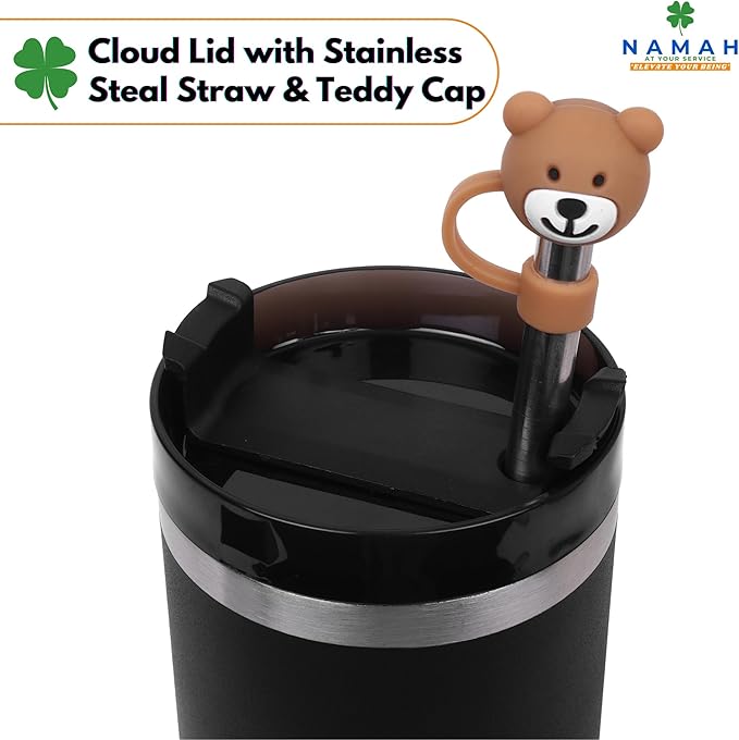Tumbler with Handle & Extra Cloud LID – 30oz/900ml, Premium 304 Stainless Steel, Insulated Water Bottle, Leak-Proof, Steel Straw, Teddy Straw Cap, Cleaning Brush & Carabiner Hook (Charcoal Black)