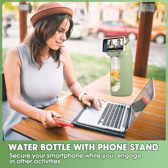 Glass Water Bottles 64 oz - Large Half Gallon Motivational Water Bottle with Time Marker Straw Phone Holder Handle, 64oz Daily Water Intake Jug with Silicone Sleeve for Office Work Gym Aqua