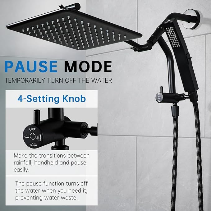 G-Promise All Metal 12 Inches Rain Shower Head with Handheld Built-in Power Wash Mode, 3-way Diverter with Pause Setting, 11 Inches Adjustable Extension Arm with Lock Joint, Long Hose (Matte Black)
