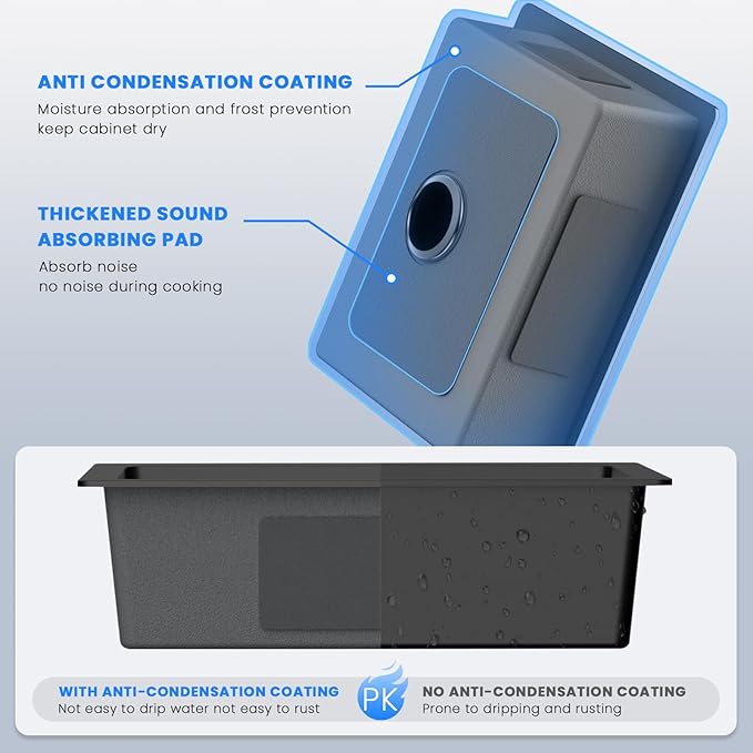 POPFLY 22x18 inch Drop In Kitchen Sink, 18 Gauge 304 Stainless Steel Top mount Single Bowl Handmade 2 Holes Bar Small Sink 9 inch Deep, Black 18" Kitchen Prep Sink