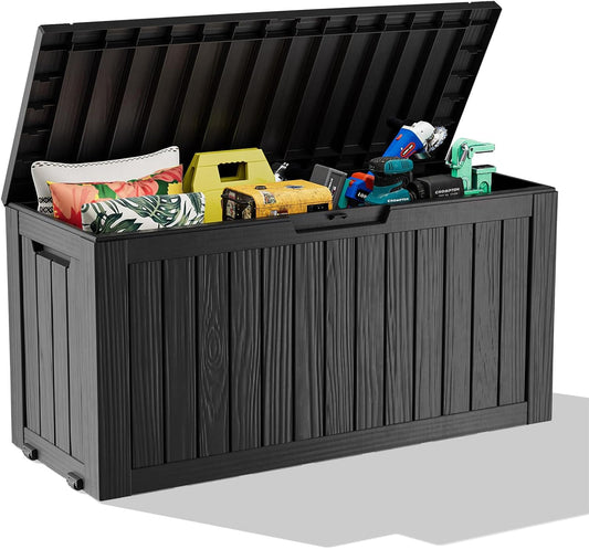 Vixzen 75 Gallon Resin Deck Box, Lockable Outdoor Storage Box for Patio Cushions Storage Furniture,Garden Tools, Pool Supplies, Weatherproof and UV Resistant- Black