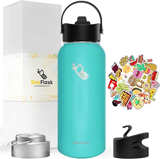 Sports Water Bottle - 32 Oz, Includes 50 Cute Flask Stickers, 3 Lids (With straw), Vacuum Insulated, 308 Stainless Steel | Turquoise