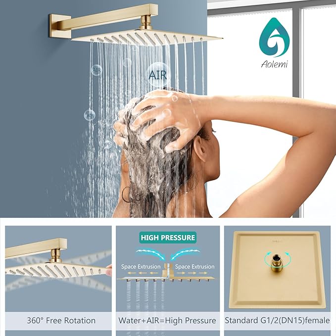 Aolemi Shower System with Rainfall Shower Head and Handheld Wall Mount,High Pressure Shower Faucet Set Fixture Combo with 2 in 1 Handheld Spray Rough-in Valve,10 Inch Shower Head Brushed Gold